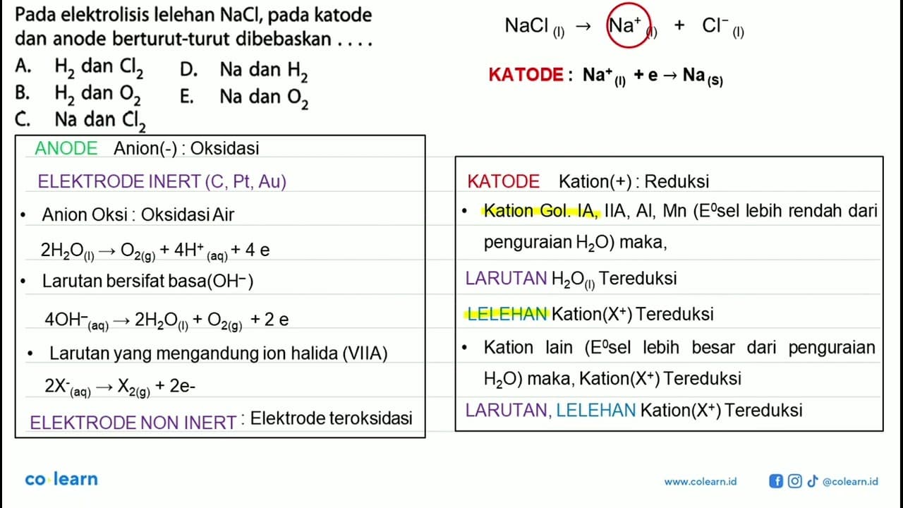 Pada elektrolisis lelehan NaCl , pada katode dan anode