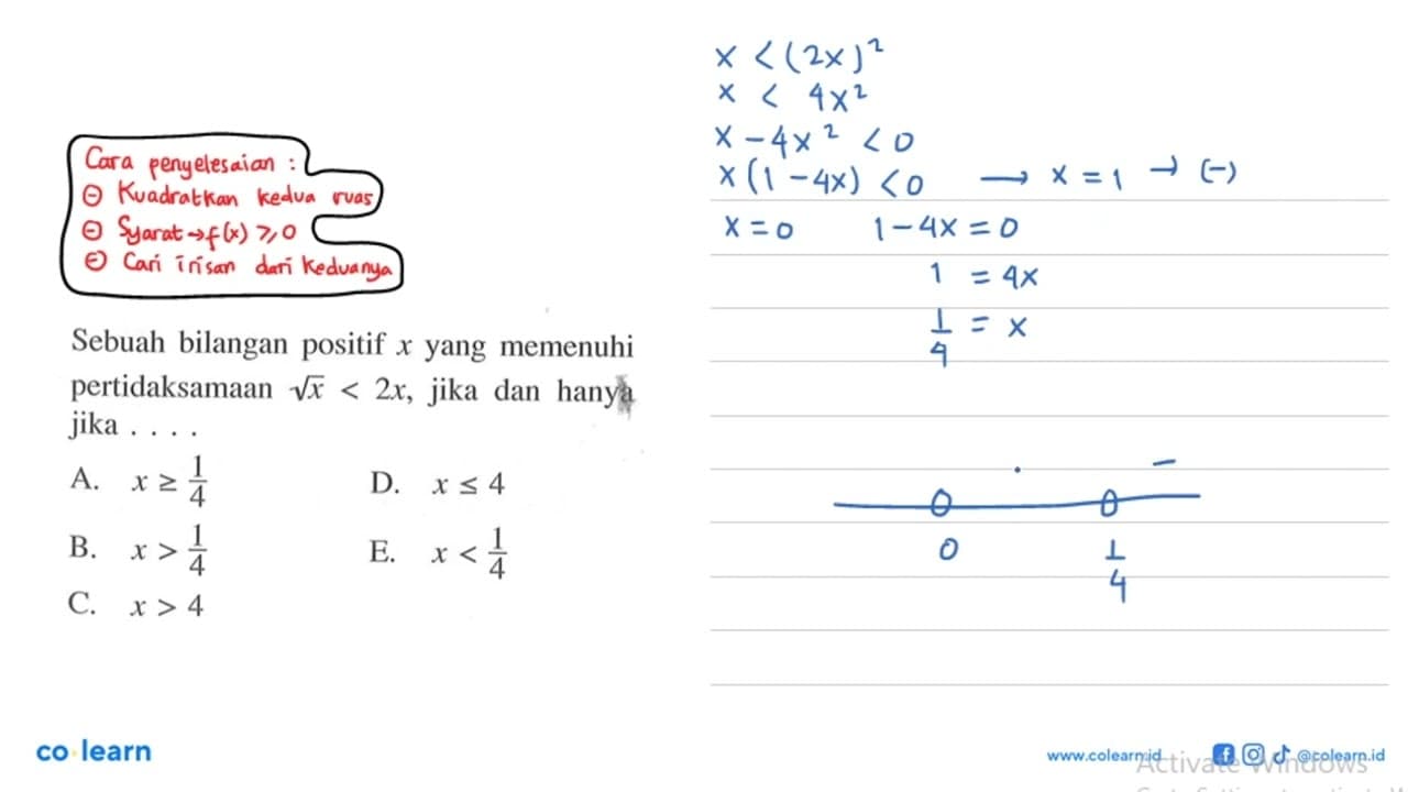 Sebuah bilangan positif x yang memenuhi pertidaksamaan akar