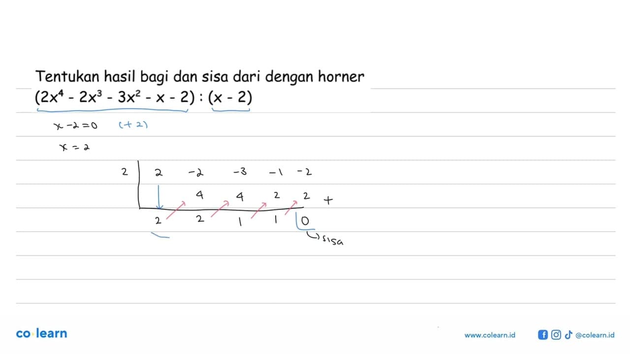 Tentukan hasil bagi dan sisa dari dengan horner