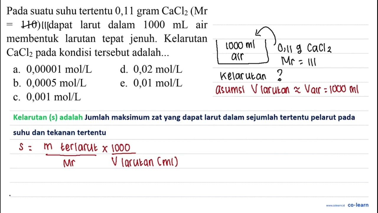 Pada suatu suhu tertentu 0,11 gram CaCl_(2)(Mr =110) dapat