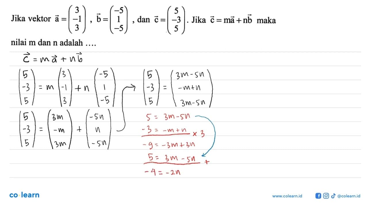 Jika vektor a=( 3 -1 3 ), b=( -5 1 -5 ), dan c=( 5 -3 5 ).