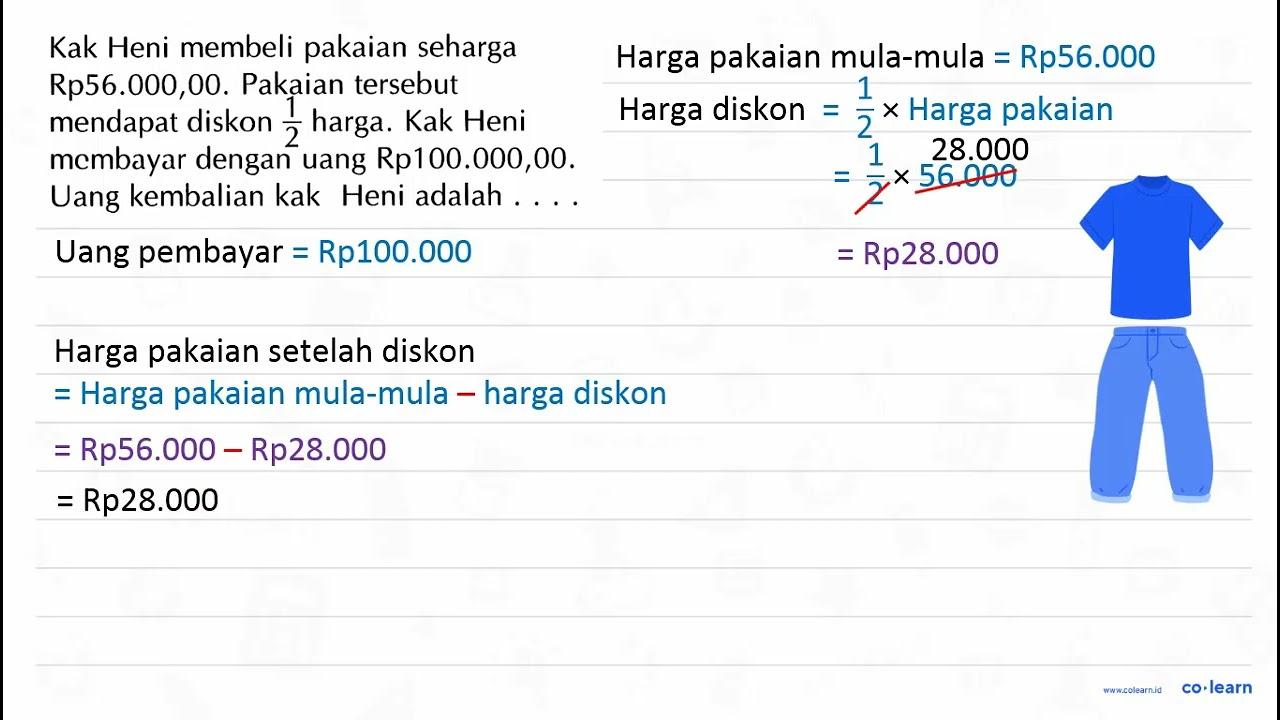 Kak Heni membeli pakaian seharga Rp56.000,00. Pakaian