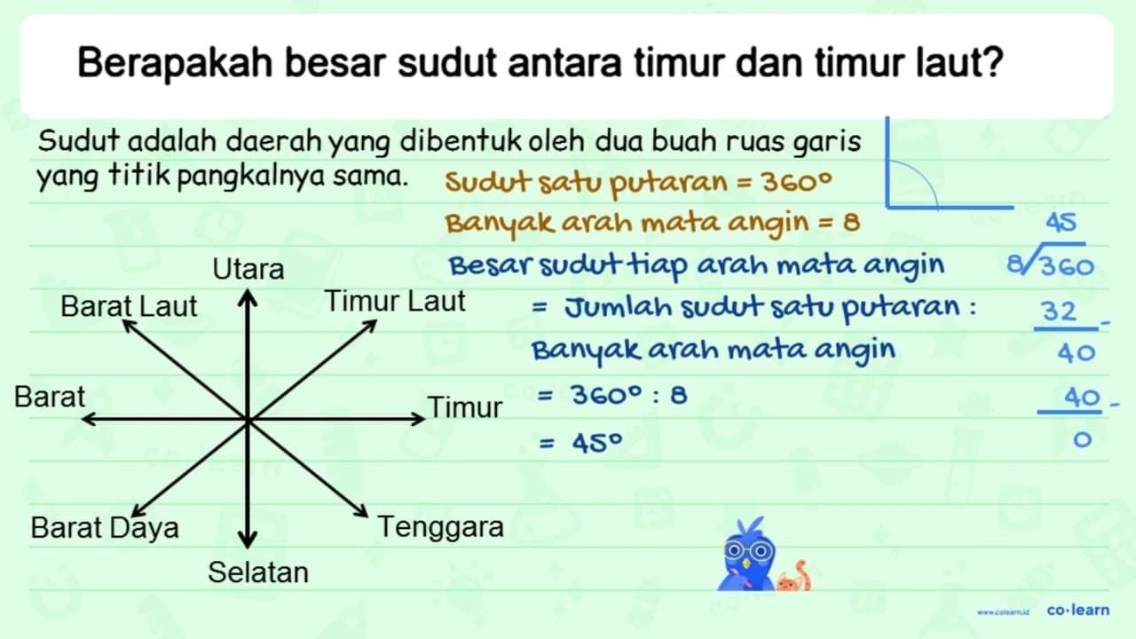 Berapakah besar sudut antara timur dan timur laut?