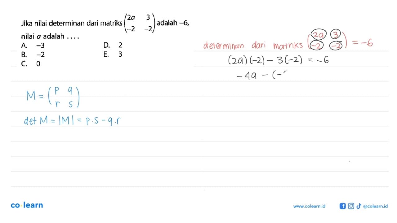 Jika nilai determinan dari matriks (2a 3 -2 -2) adalah -6,