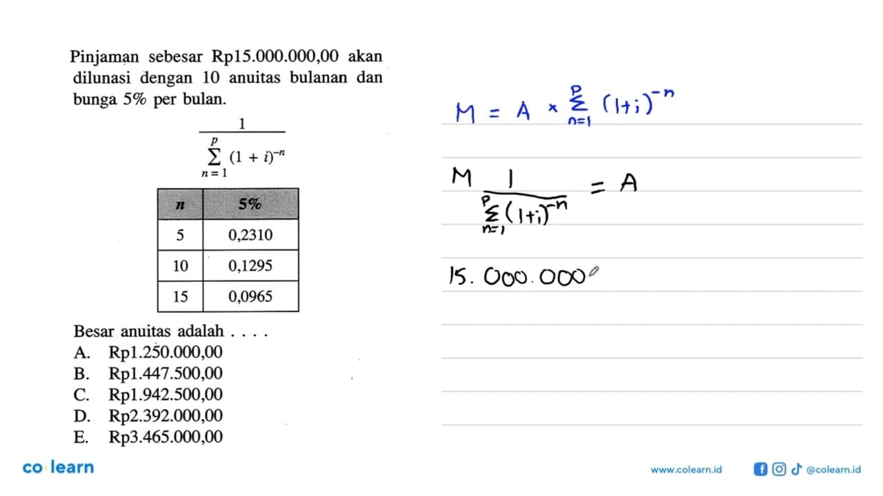 Pinjaman sebesar Rp15.000.000,00 akan dilunasi dengan 10
