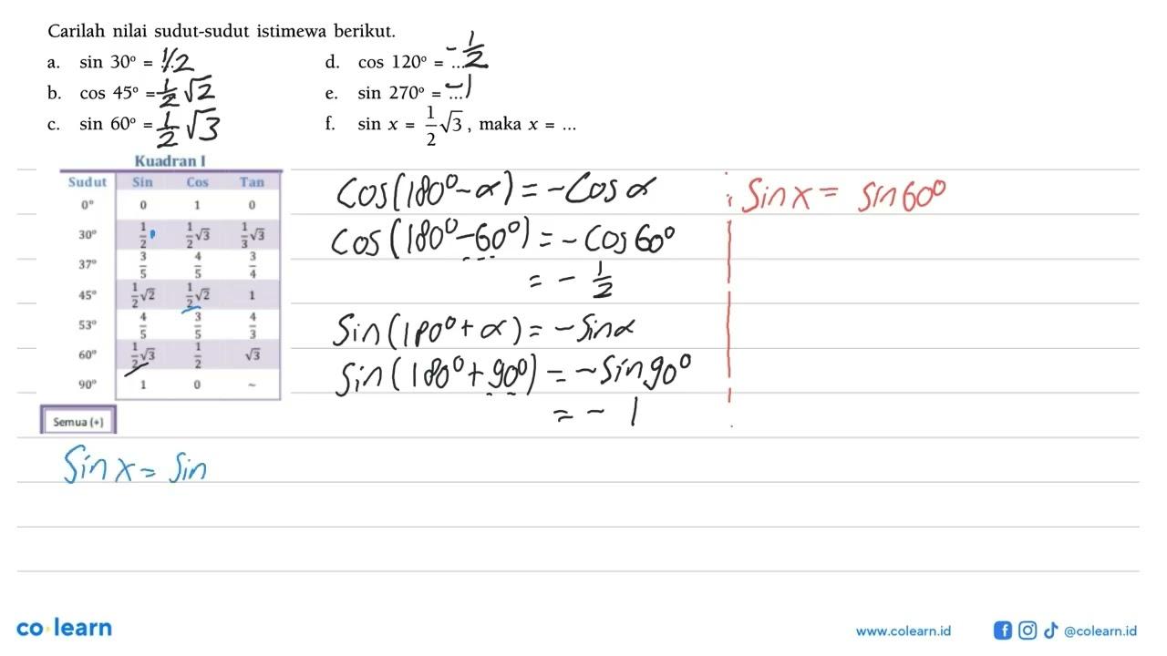 Carilah nilai sudut-sudut istimewa berikut. a. sin 30= ...