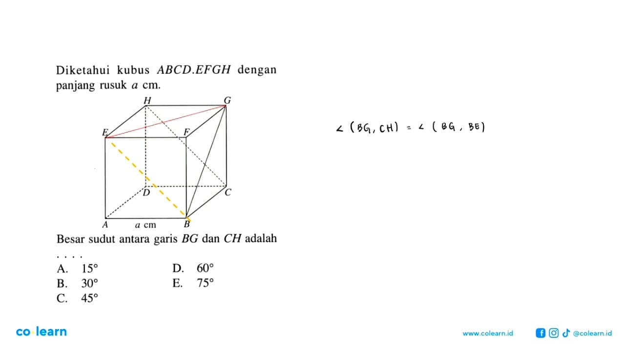 Diketahui kubus ABCD.EFGH dengan panjang rusuk a cm. A B C