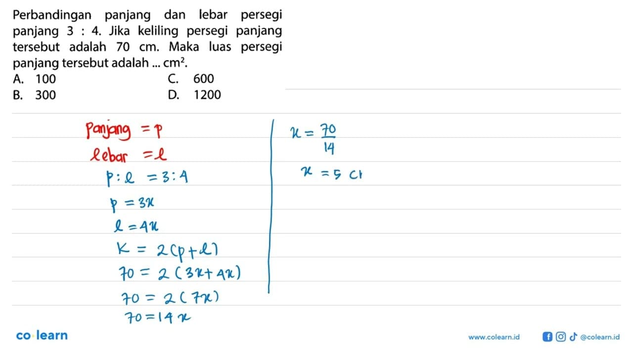 Perbandingan panjang dan lebar persegi panjang 3:4. Jika