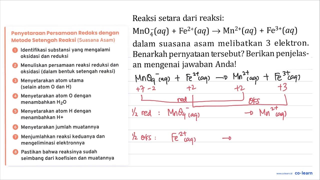 Reaksi setara dari reaksi: MnO_(4)^(-)(a q)+Fe^(2+)(a q) ->