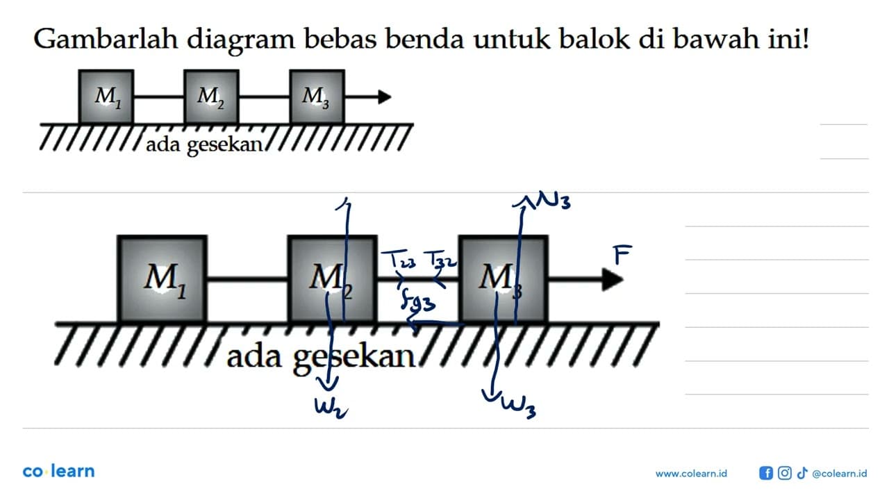 Gambarlah diagram bebas benda untuk balok di bawah ini! M1