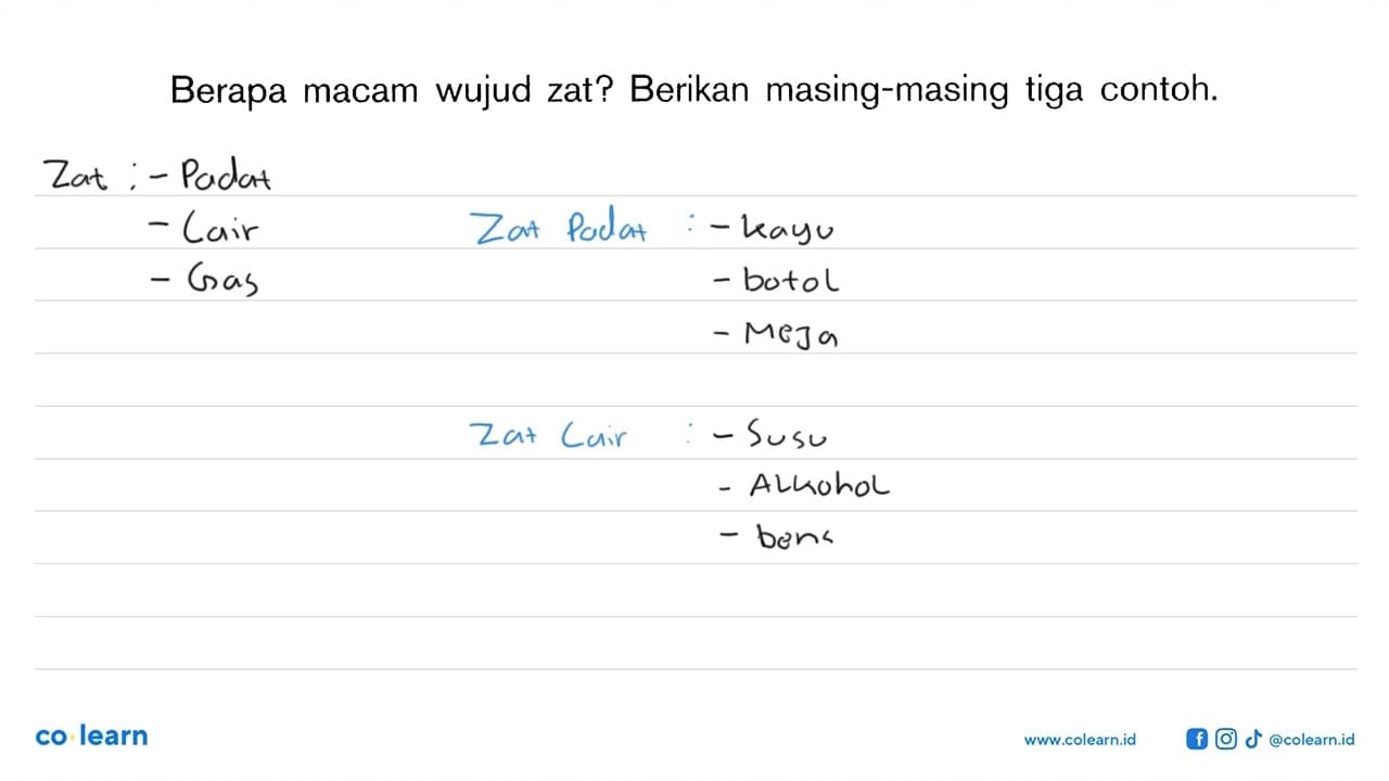 Berapa macam wujud zat? Berikan masing-masing tiga contoh.