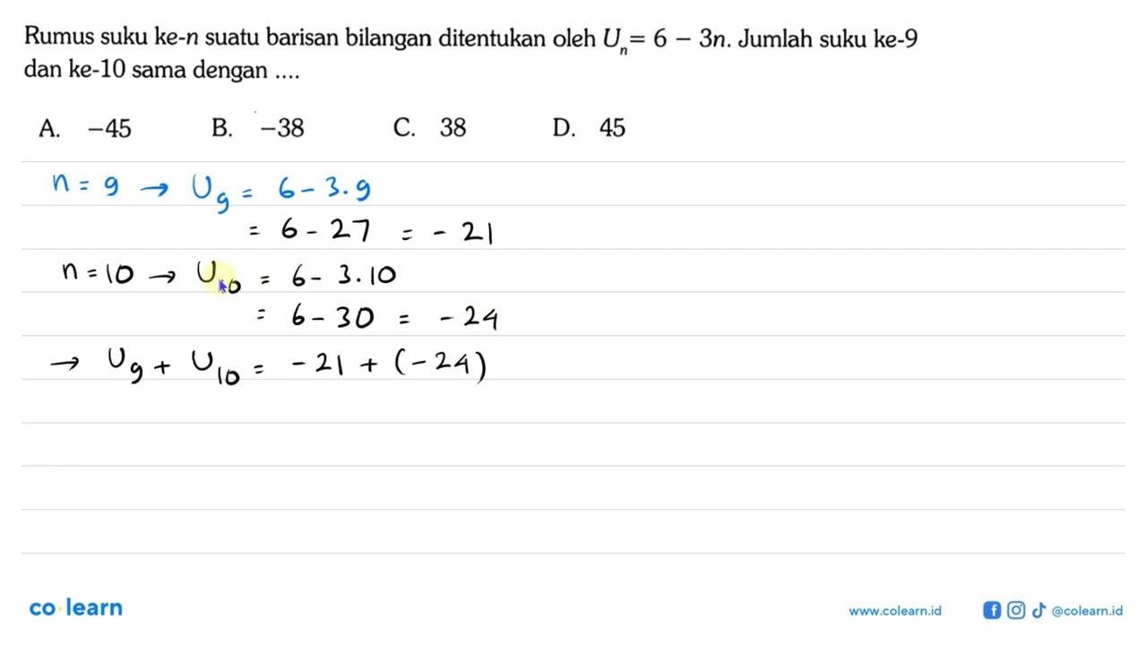 Rumus suku ke-n suatu barisan bilangan ditentukan oleh Un=