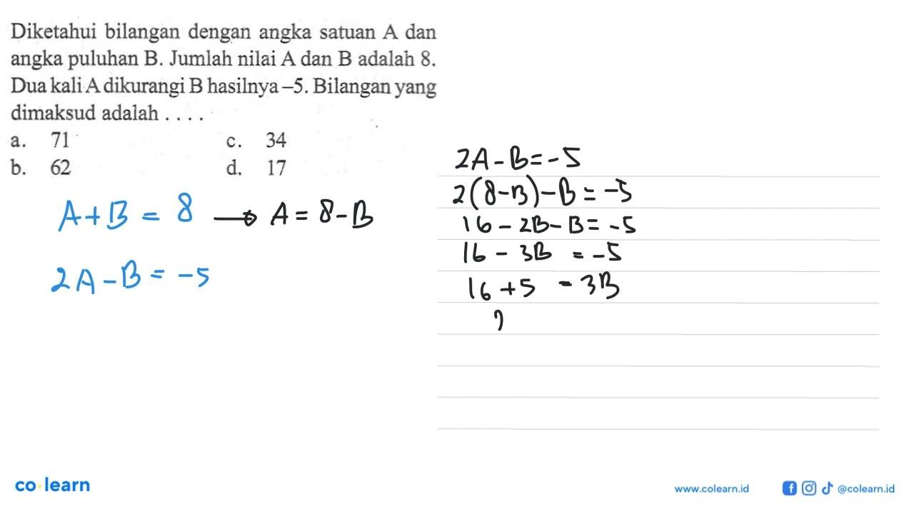 Diketahui bilangan dengan angka satuan A dan angka puluhan