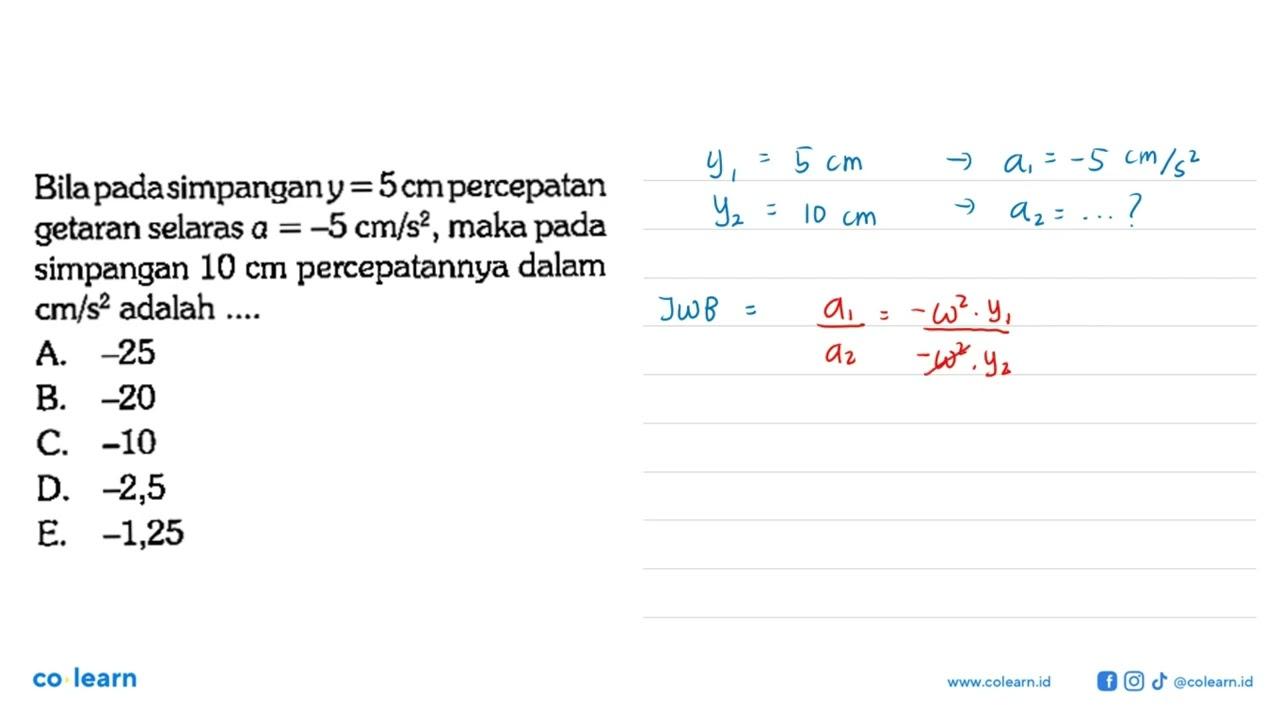 Bila pada simpangan y=5 cm percepatan getaran selaras a=-5