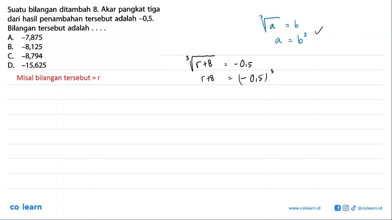 Suatu bilangan ditambah 8. Akar pangkat tiga dari hasil