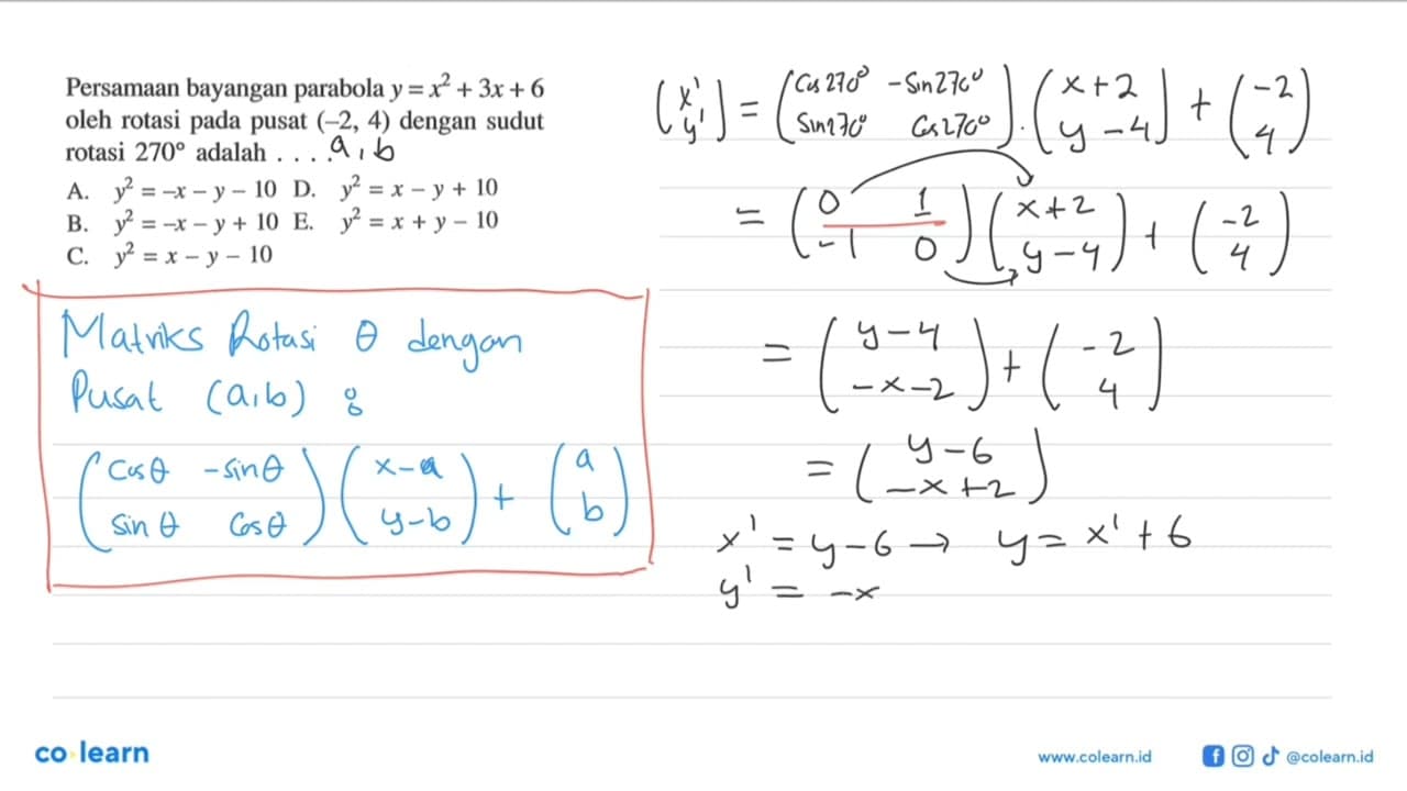 Persamaan bayangan parabola y = x^2+3x+6 pusat (-2, 4)