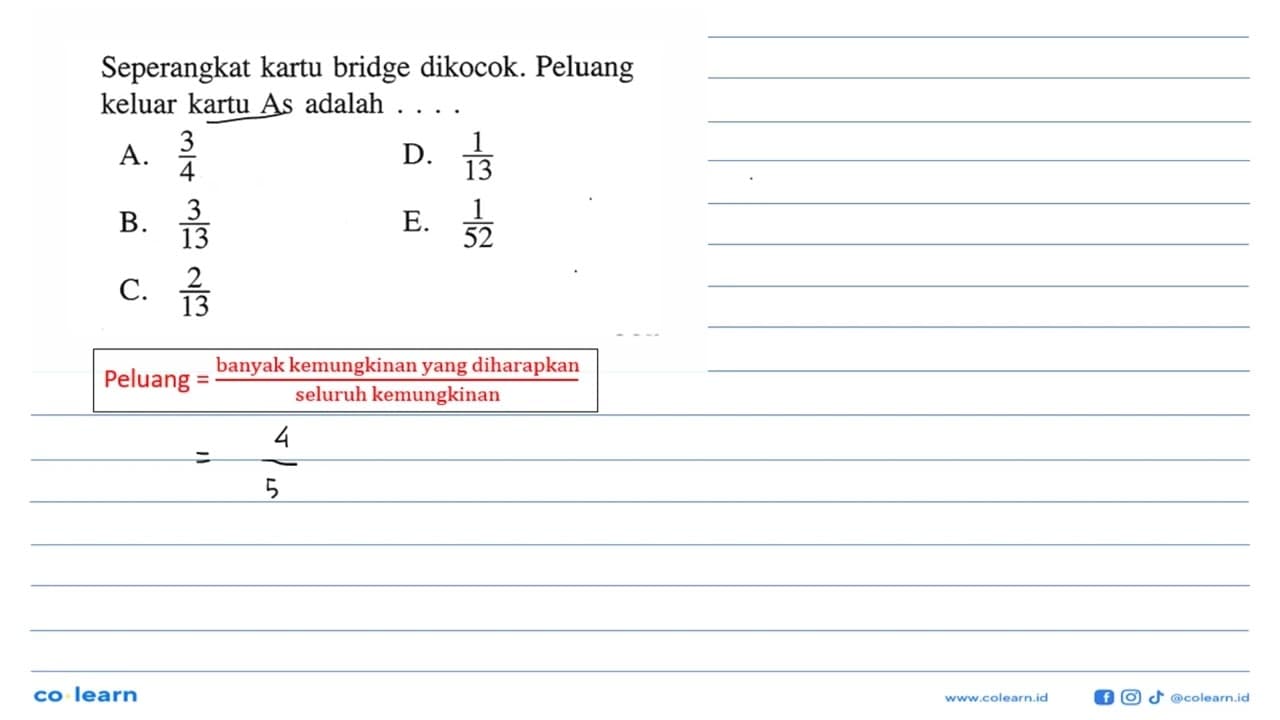 Seperangkat kartu bridge dikocok. Peluang keluar kartu As