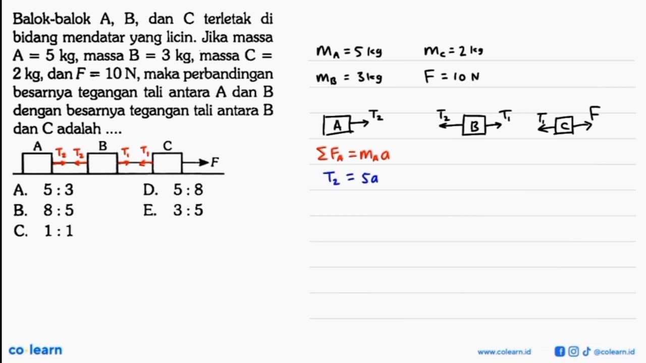 Balok-balok A, B, dan C terletak di bidang mendatar yang