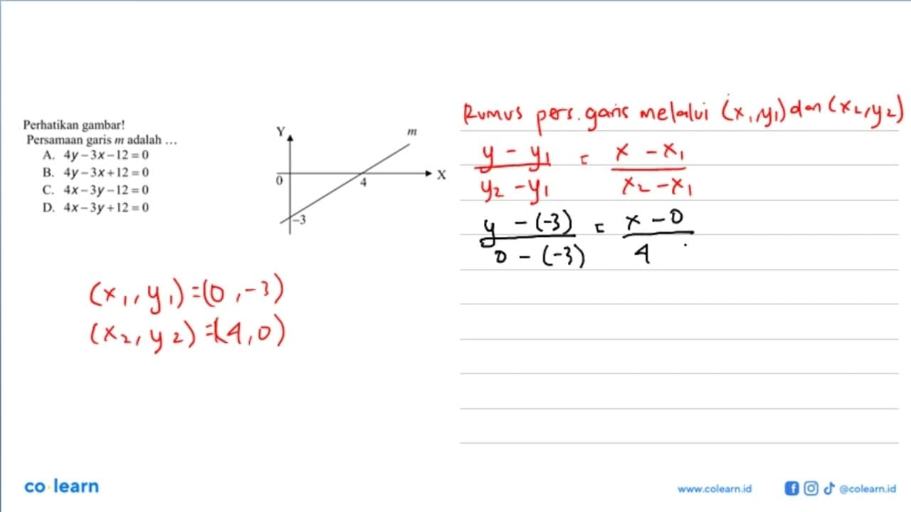 Perhatikan gambar! Y m 0 4 X -3 Persamaan garis m adalah a.