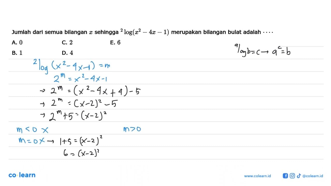 Jumlah dari semua bilangan x sehingga 2log(x^2-4x-1)