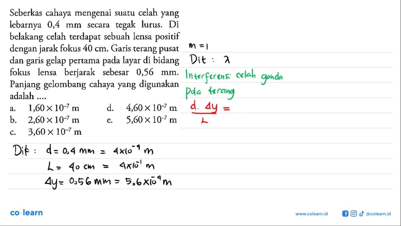 Seberkas cahaya mengenai suatu celah yang lebarnya 0,4 mm