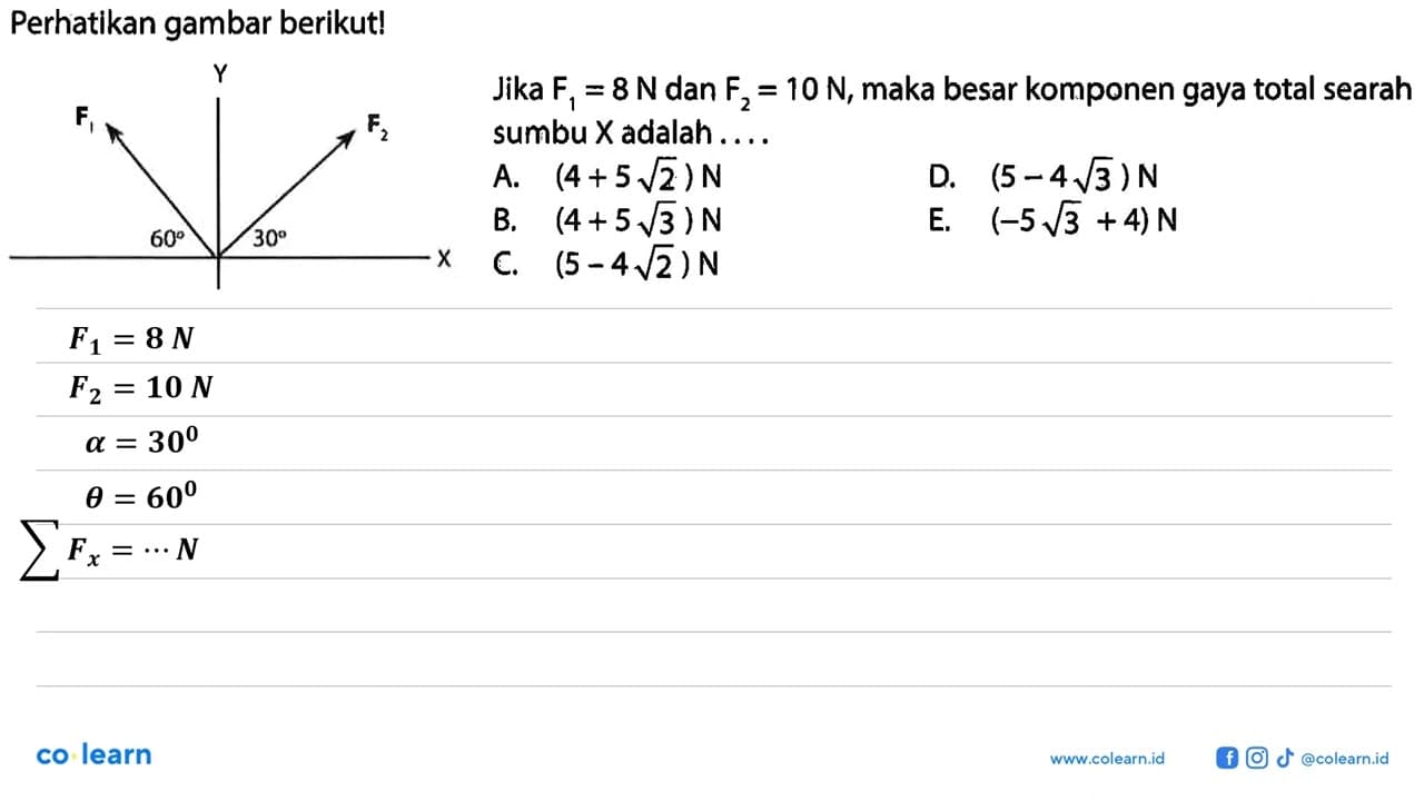 Perhatikan gambar berikut! Jika F1=8 N dan F2=10 N , maka