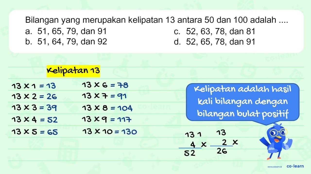 Bilangan yang merupakan kelipatan 13 antara 50 dan 100