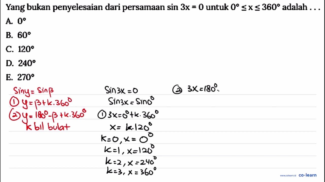 Yang bukan penyelesaian dari persamaan sin 3 x=0 untuk 0 <=