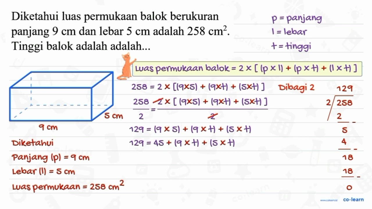 Diketahui luas permukaan balok berukuran panjang 9 cm dan