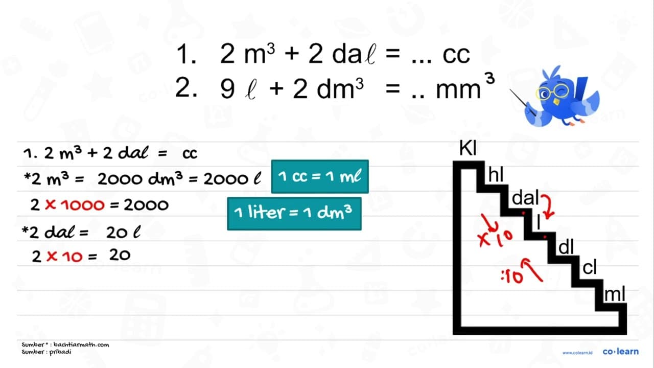 1. 2 m^3+2 dal=... cc 2. 9 l+2 d m^3=... mm