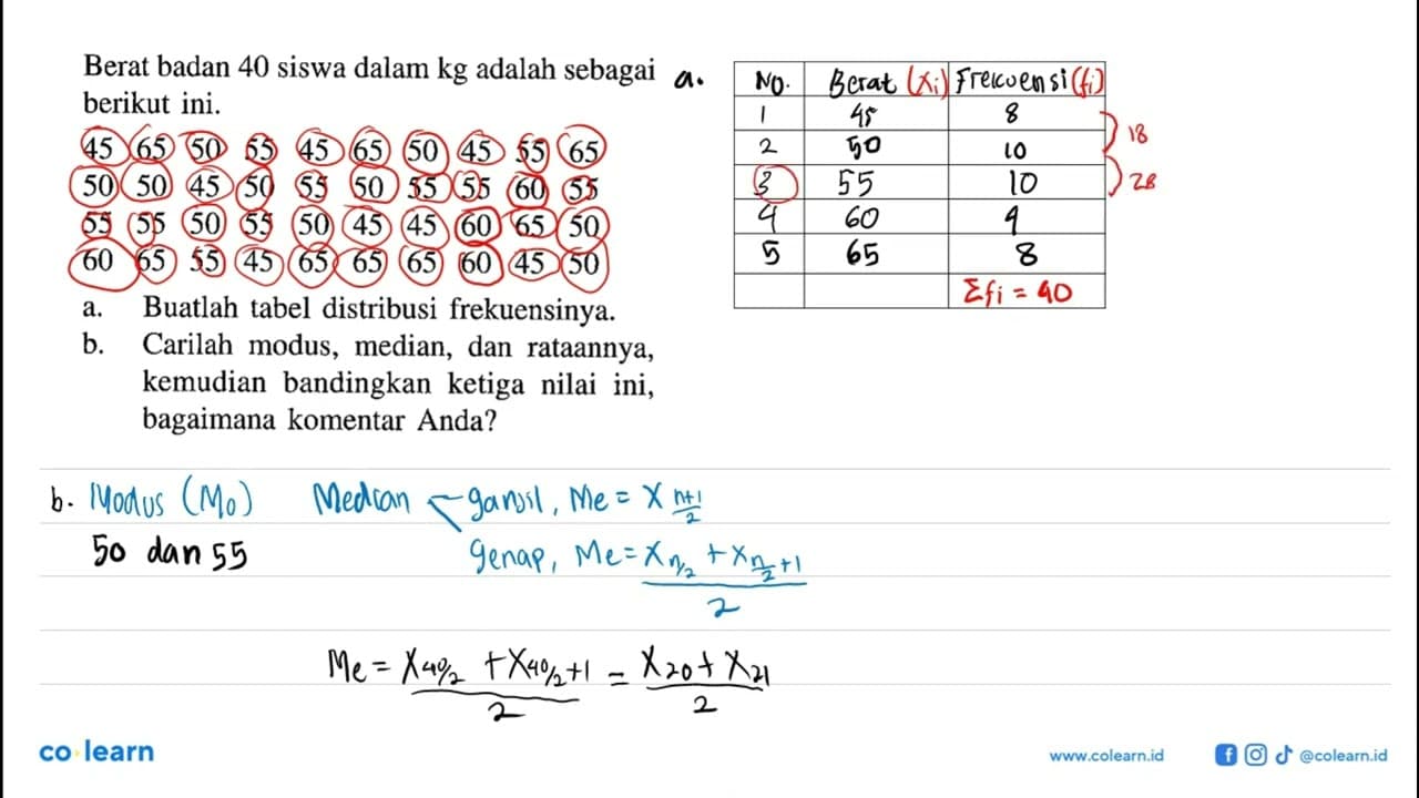 Berat badan 40 siswa dalam kg adalah sebagai berikut ini.