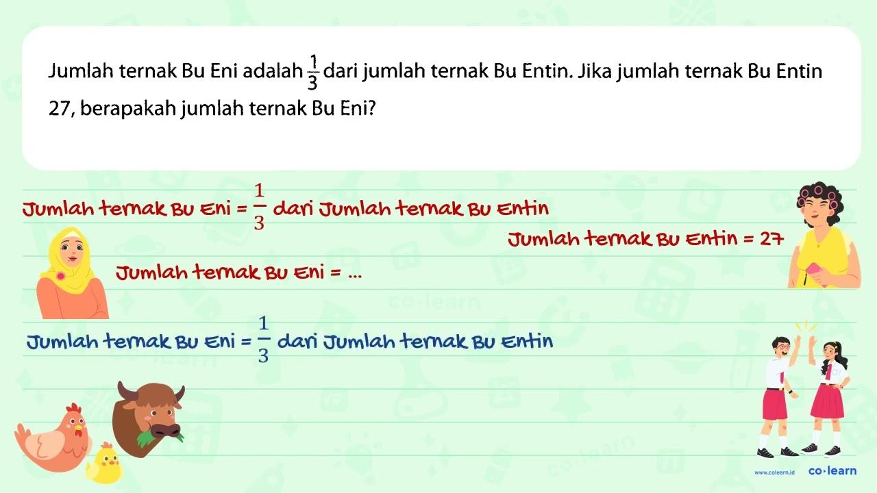 Jumlah ternak Bu Eni adalah (1)/(3) dari jumlah ternak Bu