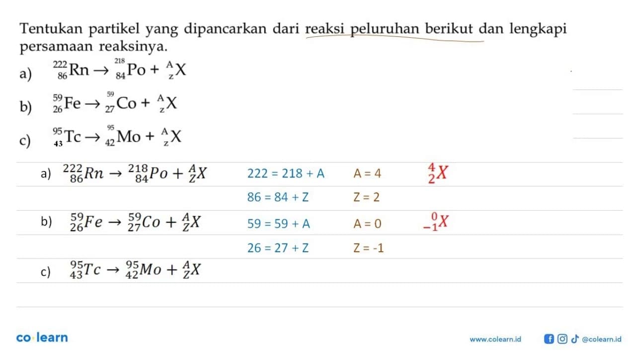 Tentukan partikel yang dipancarkan dari reaksi peluruhan