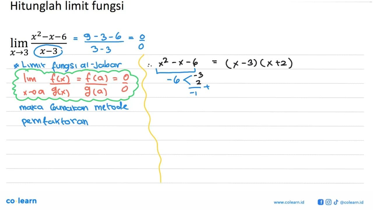 Hitunglah limit fungsilim x ->3 (x^2-x-6)/(x-3)