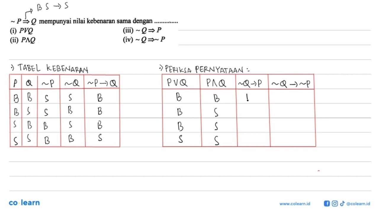 ~ P => Q mempunyai nilai kebenaran sama dengan....