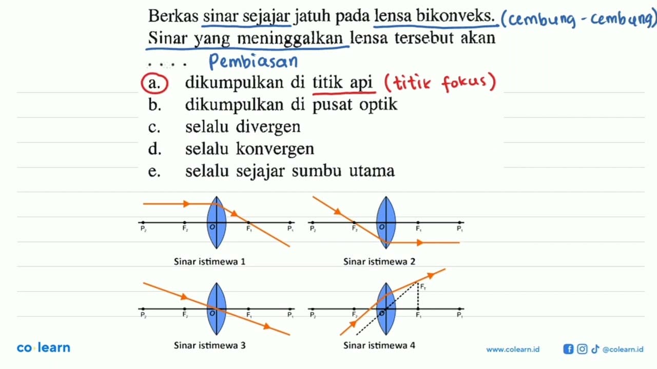 Berkas sinar sejajar jatuh pada lensa bikonveks. Sinar yang