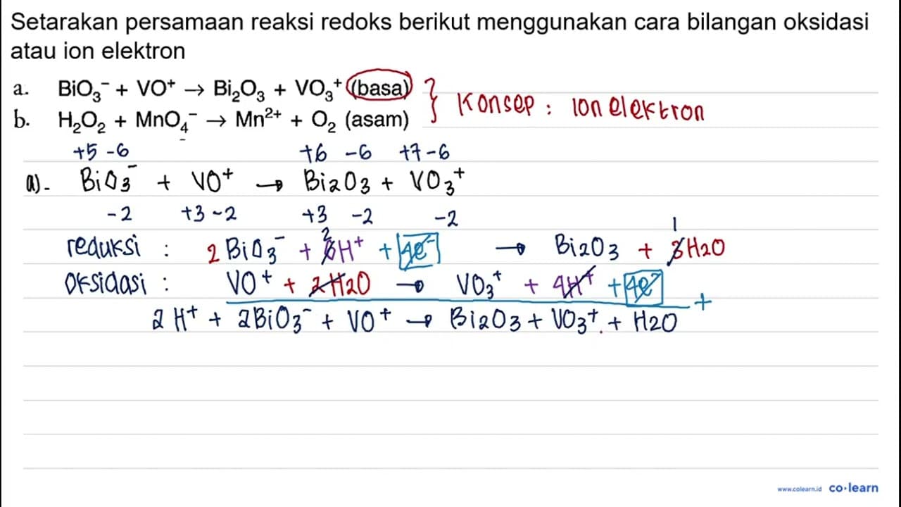 Setarakan persamaan reaksi redoks berikut menggunakan cara