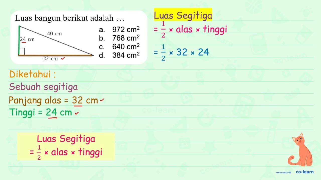 Luas bangun berikut adalah... a. 972 cm^2 b. 768 cm^2 c.