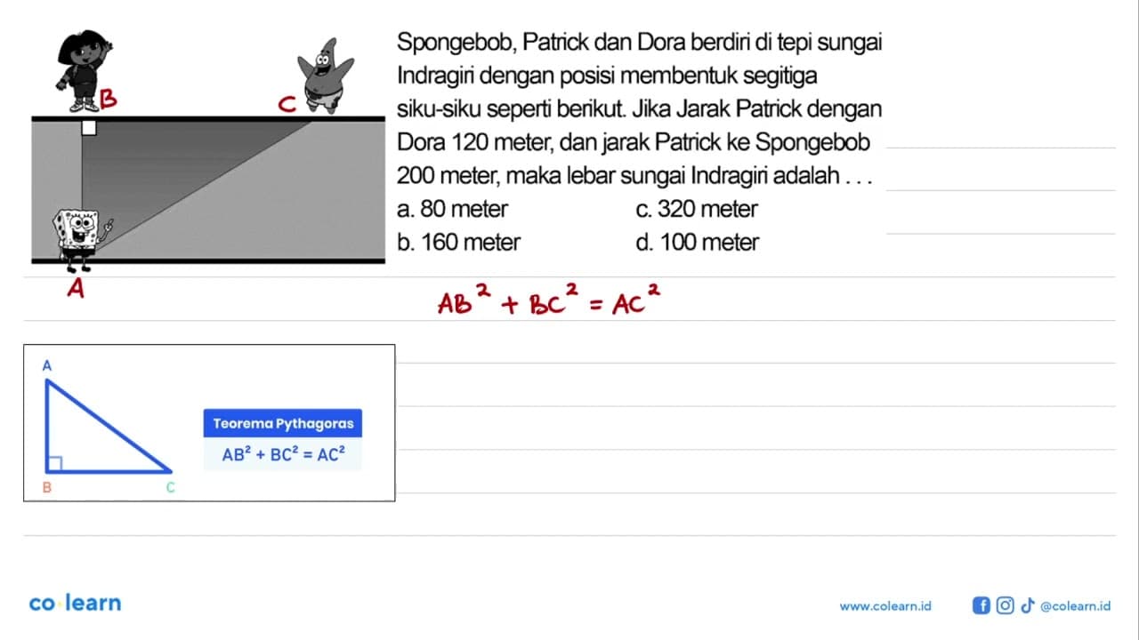 Spongebob, Patrick dan Dora berdiri di tepi sungai Indragin