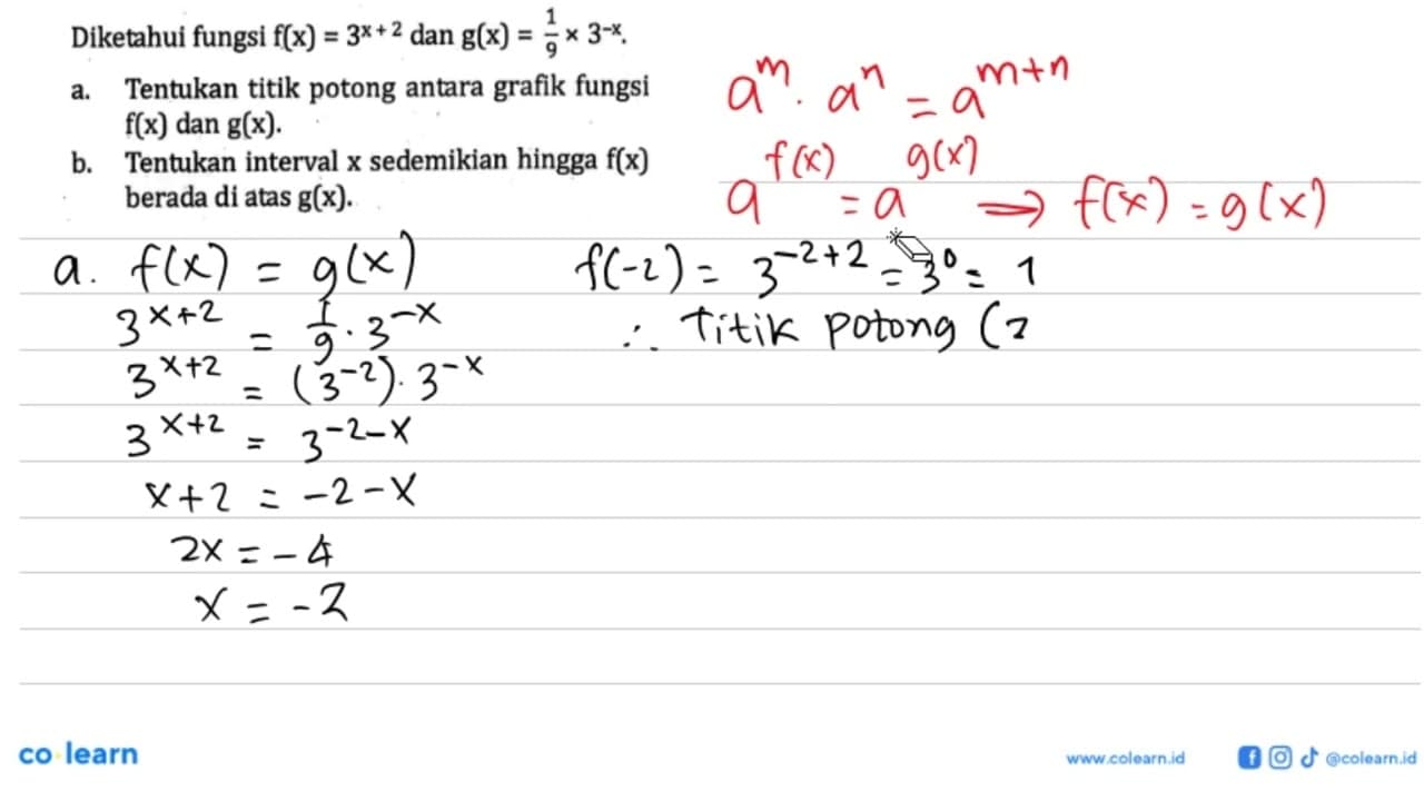 Diketahui fungsi f(x)=3^(x+2) dan g(x)=1/9x3^(-x). a.