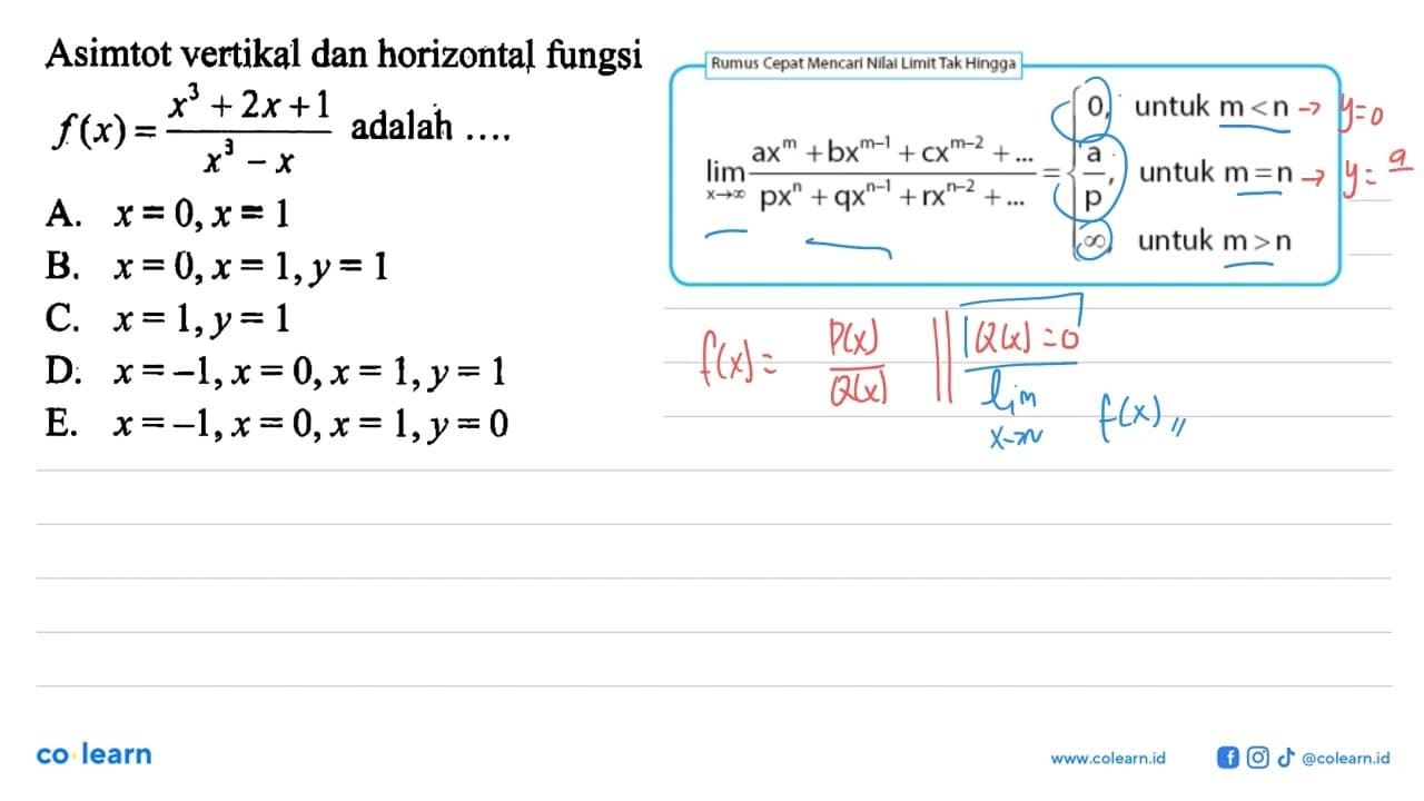 Asimtot vertikal dan horizontal fungsi f(x)=x^3+2 x+1/x^3-x