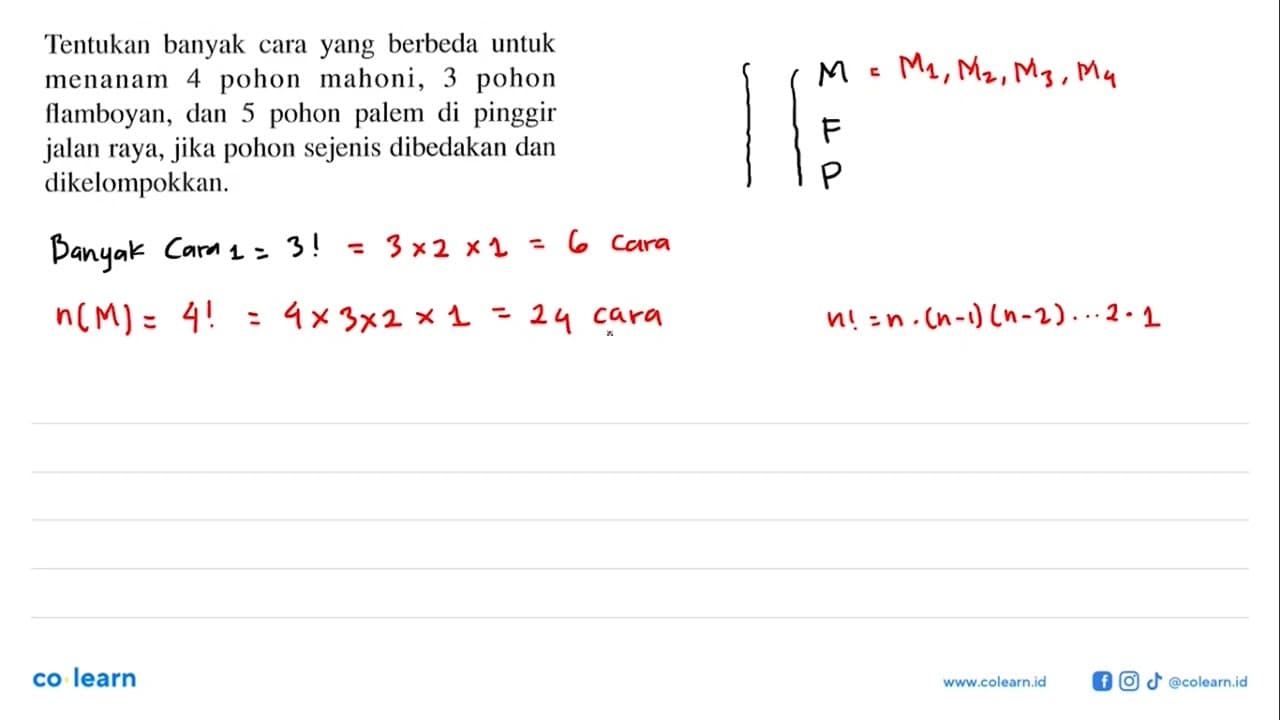 Tentukan banyak cara yang berbeda untuk menanam 4 pohon