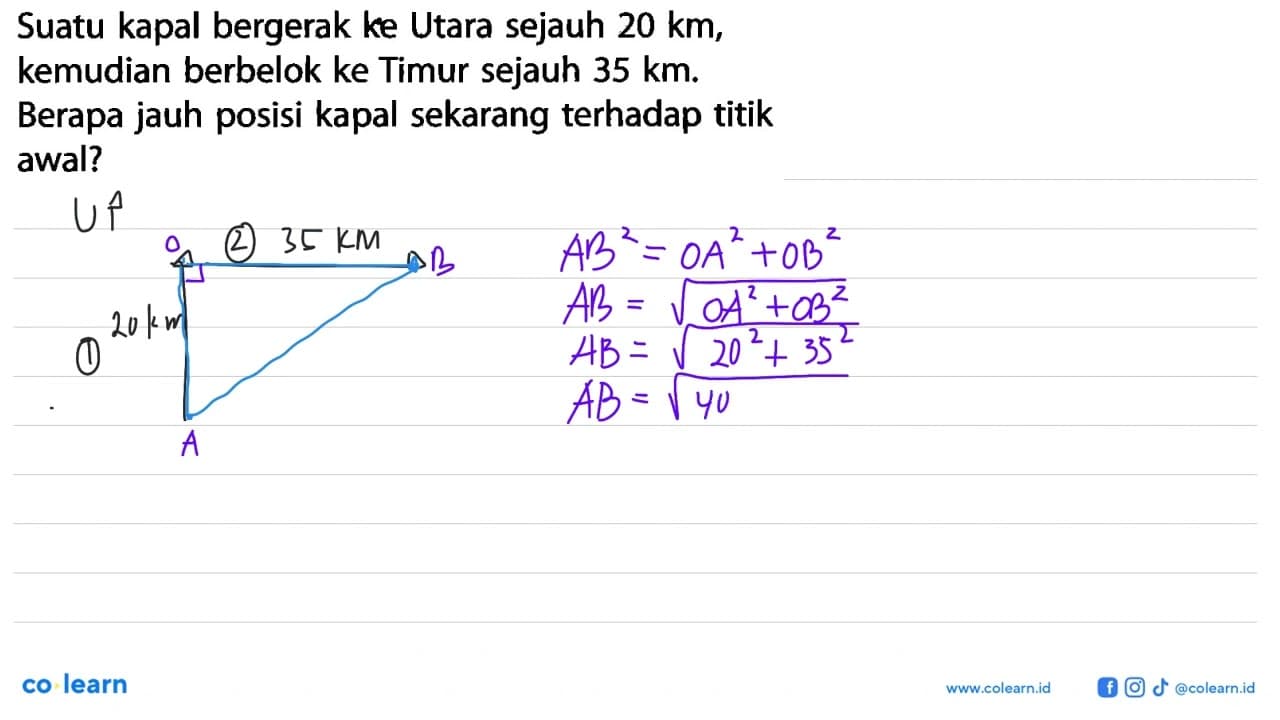 Suatu kapal bergerak ke Utara sejauh 20 km , kemudian