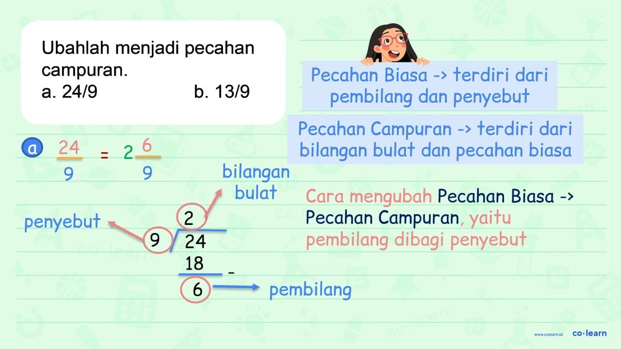 Ubahlah menjadi pecahan campuran. a. 24 / 9 b. 13 / 9