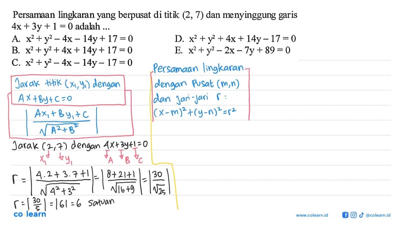 Persamaan lingkaran yang berpusat di titik (2,7) dan