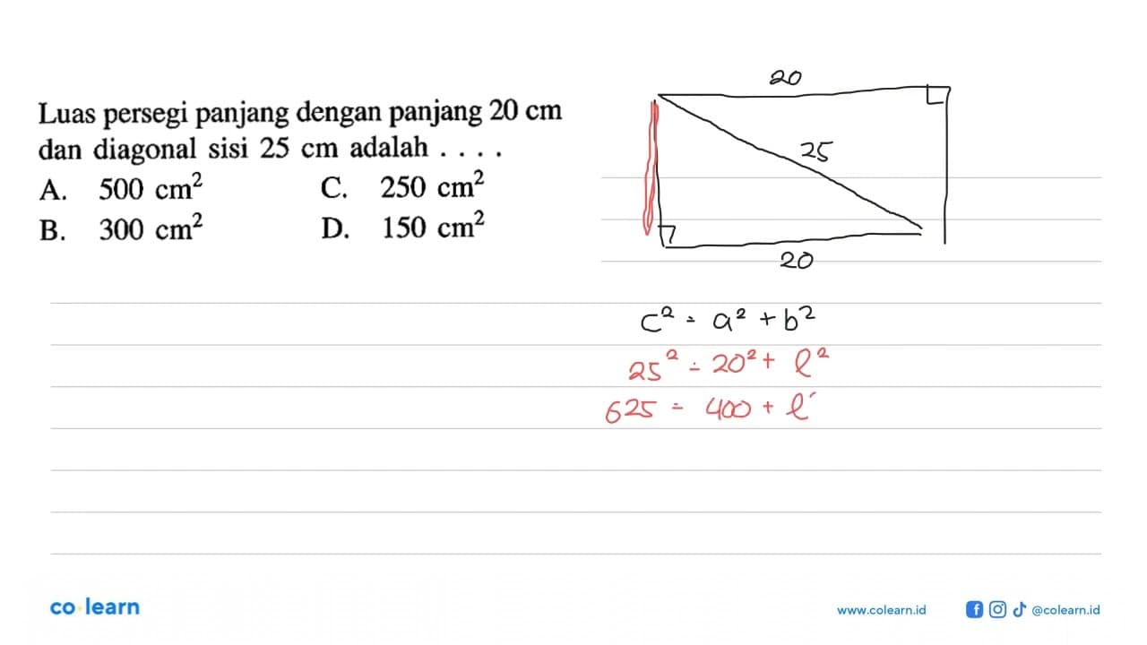 Luas persegi panjang dengan panjang 20 cm dan diagonal sisi