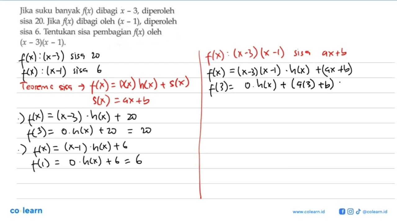 Jika suku banyak f(x) dibagi x-3, diperoleh sisa 20. Jika