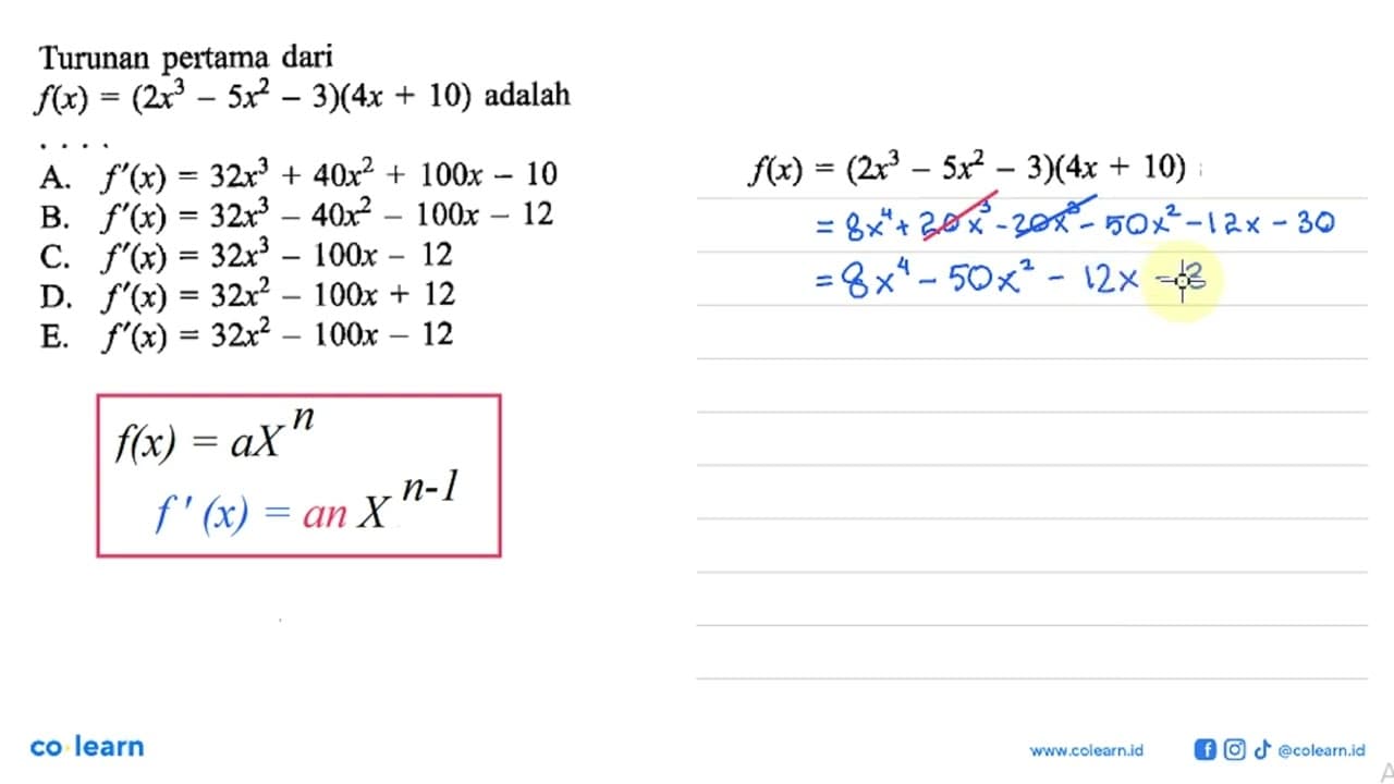 Turunan pertama dari f(x)=(2 x^3-5 x^2-3)(4 x+10) adalah