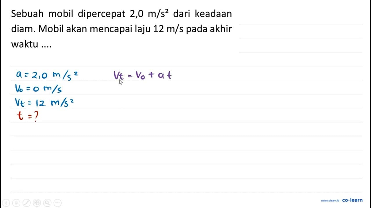 Sebuah mobil dipercepat 2,0 m / s^(2) dari keadaan diam.