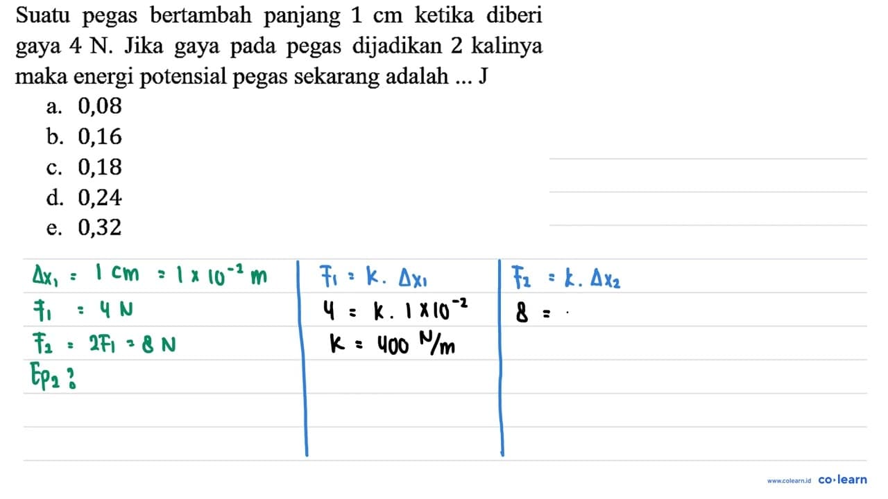 Suatu pegas bertambah panjang 1 cm ketika diberi gaya 4 N.